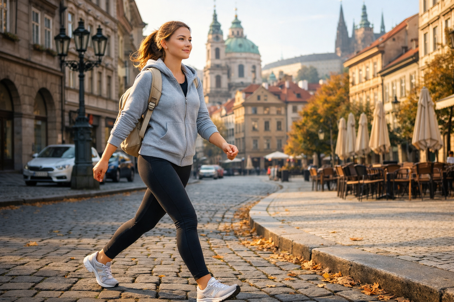 Žena v sportovním oblečení při svižné chůzi v ulicích města za podzimního rána